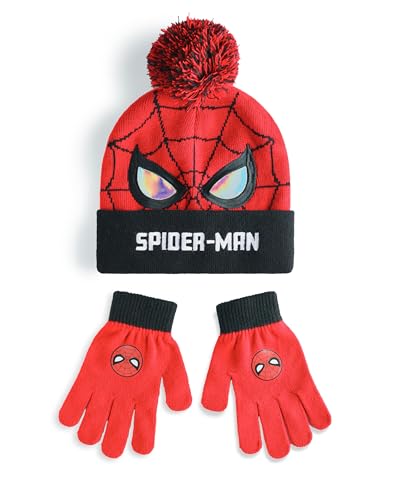 Marvel Spiderman Boys Beanie Hat & Gloves Set | Red & Black Knitted Winter Hat with Spiderman Eyes & Web | Kids One Size Pom Pom Hat with Heat Transfer Print Gloves | Superhero Movie Merchandise Gift