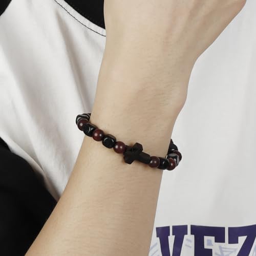 Pulsera de madera con dijes de cruz en acero inoxidable negro miniatura 4