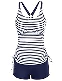 Women's Athletic Two Piece Tummy Control Swimwear Backless Drawstring Swimsuit with Boyshort Bathing Suit Stripe Navy M