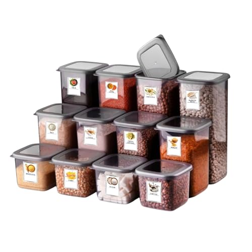 Ginza Maison Food Storage Containers with Lids – Set of 12 with Stickers, Plastic, BPA-Free, Safe for Freezer, Pantry Organizer, Flour and Sugar Storage, Practical Kitchen Storage Box for All Foods