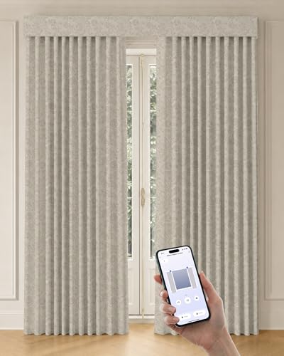 Image of Graywind Motorized Curtains with Track, Room Darkening Smart Curtains, Hardwired Curtains Compatible with Alexa Google Home Remote Control for Large Windows, Custom Drapes Up to 220 inch, Bloom (Beige)