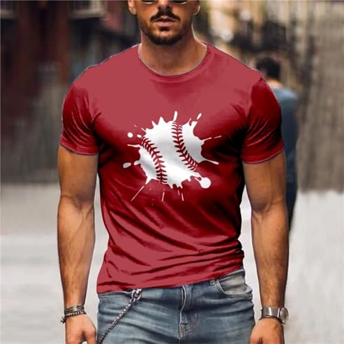 Camiseta de manga corta de ajuste regular para hombre, camiseta de verano con estampado de béisbol, camiseta de manga corta delgada para interiores y exteriores, caminar, deportes, vida diaria, rosso