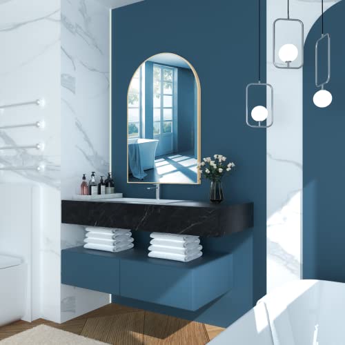 Fennio Wall Mirrors For Bathroom, Bedroom, Living Room - 36 X 24 Inch Arched Wall Mounted Make Up Vanity Mirror, Aluminum Frame Wall Decor Mirror, Brushed Copper Gold #TOP1