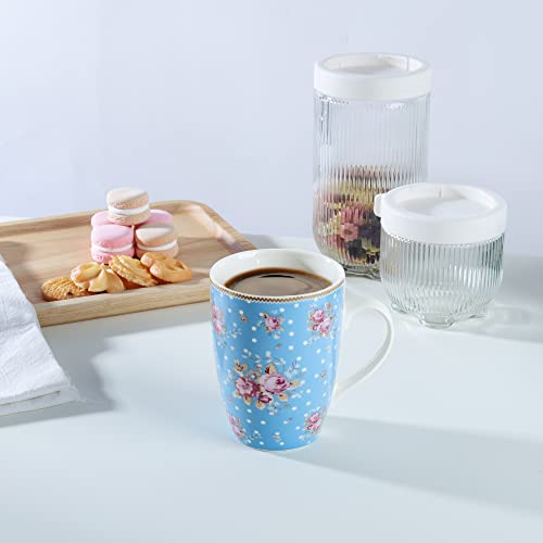 Fanquare 12Oz Coffee Mugs Set Of 4 For Women, Floral Porcelain Coffee Cups Set, Large Blue Ceramic Coffee Mugs For Tea, Cappuccino, Latte #TOP3