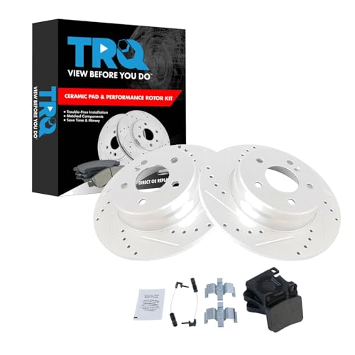 Image of TRQ Performance Rear Brake Pad and Rotor Set Ceramic Coated Drilled Slotted Compatible with 1996-1997 Mercedes-Benz C36 AMG 1998-1999 CLK320 1999 CLK430 E300 1996-2002 E320 1997 E420 1998-2002 E430