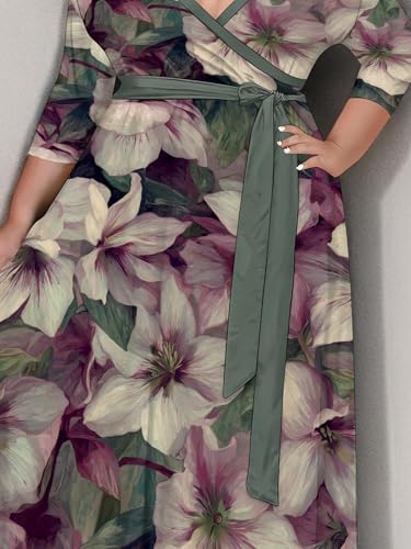 Image of SUZONANA Plus Size Maxi Dresses for Curcy Women Casual Loose 3 /4 Sleeve Long Dress with Belt