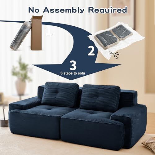 Image of 82 inch Modern Modular Boneless Couch for Living Room, 2 Seat, Soft Corduroy Fabric, Deep Seat Cloud sectional Sofa with Pearl Like Piping and Tufted Design, No Assembly, Anti Slip, Blue