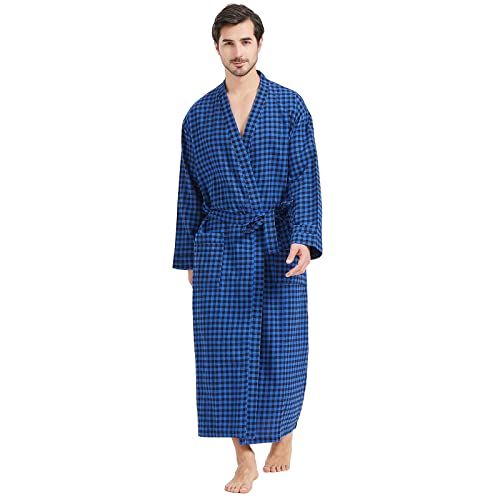 FashGudim Mens Buffalo Plaid 100% Cotton Flannel Shawl Collar Robe Lightweight Full Length Bathrobe Loungewear House Robes