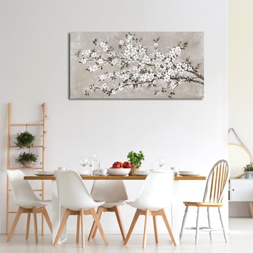 Image of VEAEE White Blossom Branches Wall Art, Floral Canvas Prints, Living Room Decor Abstract Flowers Painting Canvas Pictues, Contemporary Artwork Bedroom Office Kitchen Wall Decor Ready to Hang 20 inchx40 inch