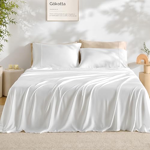 GOKOTTA Queen Size Bed Sheets 4 Piece Set, FSC® Certified Rayon Derived from Bamboo, Luxury Breathable and Silky Soft Sheets, Deep Pocket 16" Fitted Sheet with Elastic Corner Straps -Bright White