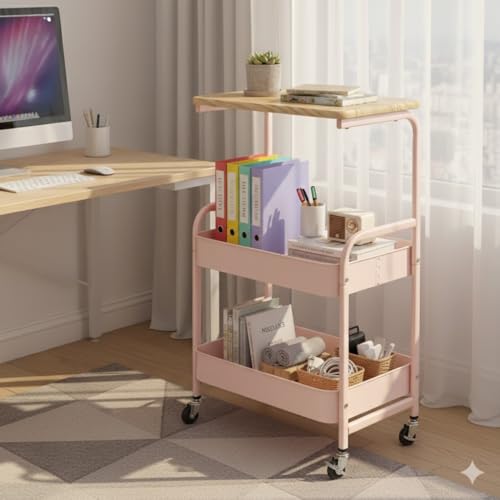 3-Tier Metal Serving Trolley with Wheels – Kitchen & Dining Utility Cart with Wooden Top Shelf | Multi-Purpose Storage Organizer for Home, Hotel & Restaurant (Pink)
