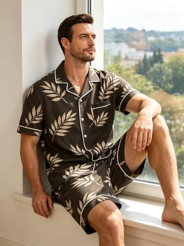 Image of Mens Pajamas Set Short Sleeve Sleepwear Summer Pjs Button Down Pijamas Set Modal 2PCS Pj Set with Pockets, Grey Leave-M