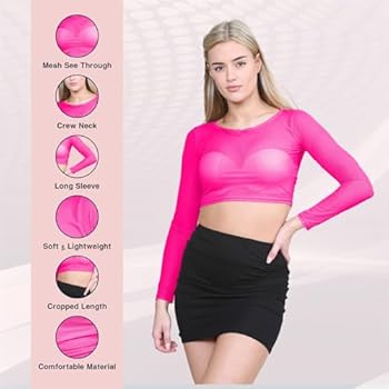 janisramone® Dames transparante mesh crop top, ronde hals doorschijnende crop tops met lange mouwen voor vrouwen, ideale zomer- en feesttop, Steen, 38-40