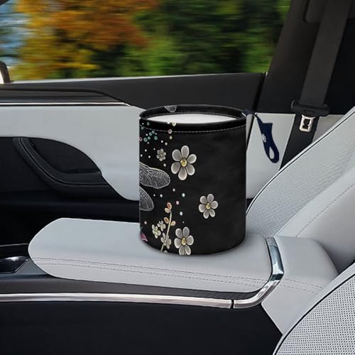 Image of Pensura Dragonfly Flower Mini Car Trash Can Adjustable Buttons Collapsible Trash Container Portable Hanging Car Garbage Bag Women's Car Accessories for Car Back Seat