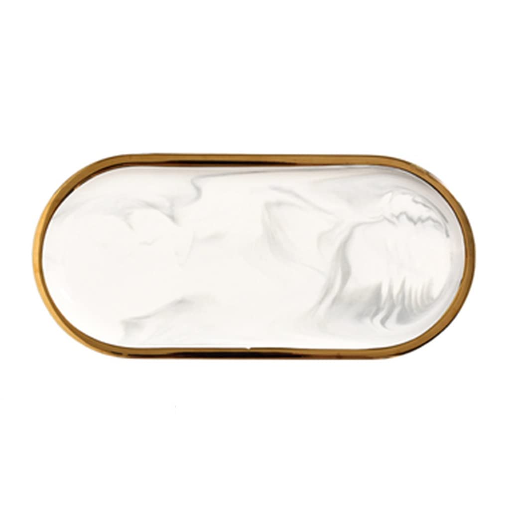 Bandeja Decorativa para Llaves, Bandeja De Servicio Decorativa, Bandeja De Tocador De Cerámica De Mármol Rectangular con Borde Dorado, Plato De Anillo De Joyería, Bandeja De Servicio De Frutas