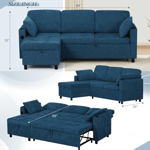 84" Chenille Pull Out Sofa Bed w/Adjustable Backrest, L-Shape Modern Sleeper Sofa w/Reversible Chaise, Upholstered Sectional Couch w/USB Port and Side Pockets for Living Room, House, Blue - Thumbnail 4
