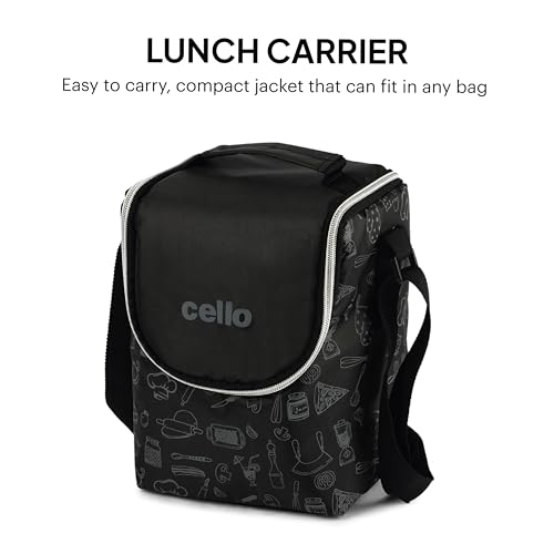 Image of CELLO Complete Meal Lunch Box Set with Jacket For Office Use Black | 3 x 300ml Steel Container, 1 x 130ml Pickle Container, 500ml Water Bottle With Spoon & Fork | Airtight Tiffin Box Set For Daily Use