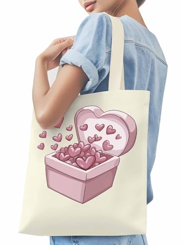Canvas Tote Bag, Valentine's Day Aesthetic Canvas Tote Handbags for Women Shoulder Bag Pink Love Heart3