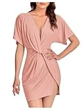 Floerns Women's Deep V Neck Twisted Plunging High Slit Mini Party Dress Pink Small