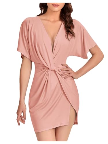 Floerns Women's Deep V Neck Twisted Plunging High Slit Mini Party Dress Pink Small
