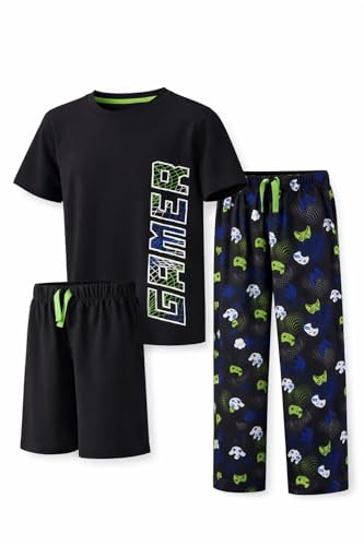 Image of US Angels Boys Pajamas Set | 3-Piece Pant, Shirt, Shorts Sleepwear Pjs for Kids | Loose Fit, Soft, Breathable Blue Plaid