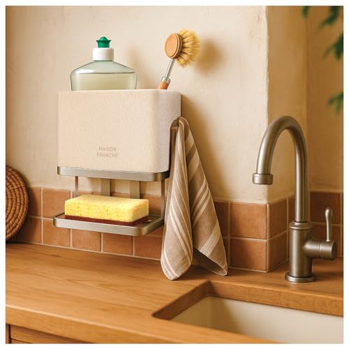 MAISON FRANCHE – Porte-Éponge Mural en INOX et Résine Minérale, Support Éponge et Liquide Vaisselle, Fixation sans Perçage, Rangement Cuisine Design...