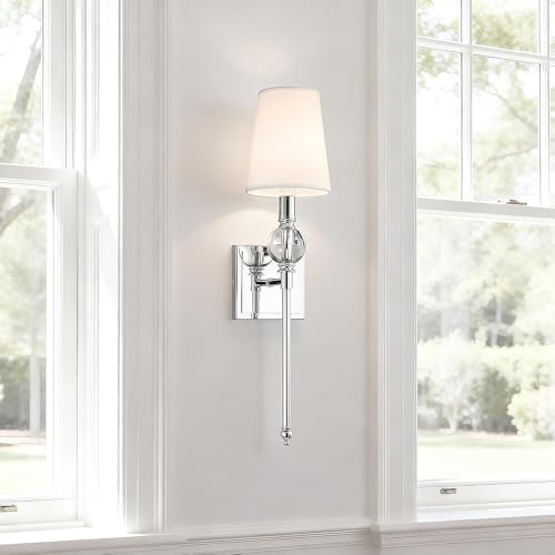 Image of XiNBEi Lighting Chrome Wall Light Sconces Set of 2 with Crystal for Bedroom | White Fabric Shade, Modern Design, Bathroom Vanity Lighting Fixture, For Bedside Living Room Entryway Kitchen Hallway