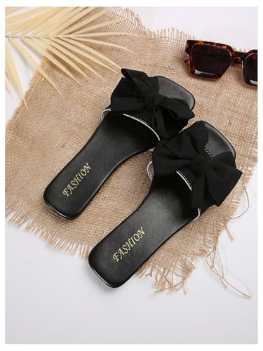Verdusa Women'S Bow Square Toe Flat Sandals Summer Slides Slip On Sandals Black 8 thumb #2