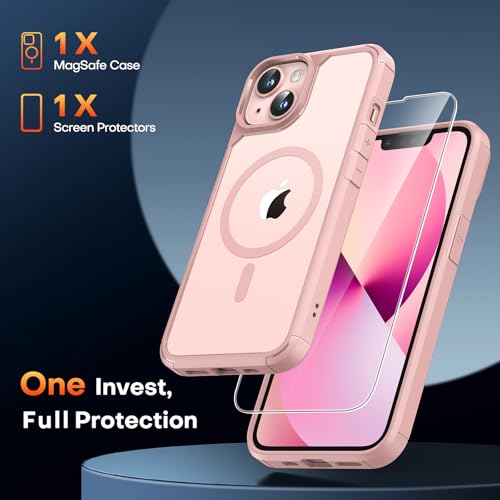 Image of TAURI for iPhone 14 Case, Compatible with MagSafe, Pink | with Screen Protector, Not-Yellowing Military-Grade Protection, Shockproof Slim Magnetic Case for iPhone 14
