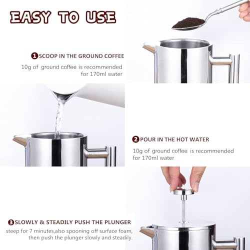 Wrobic Kleine French Press Kaffeebereiter 350ml- Doppelwandig isolierte Edelstahl-Kaffeepresse für Büro… – Ansicht 3