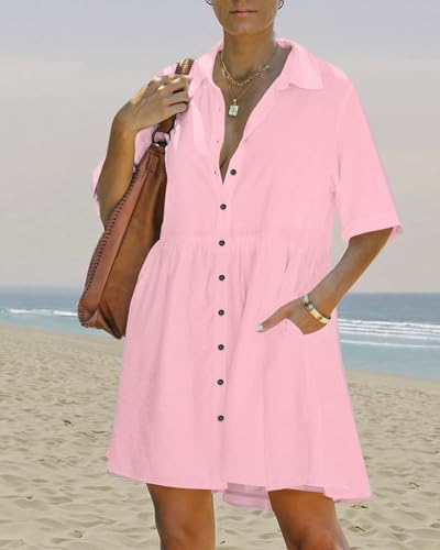 Image of PYGFEMR Women's Short Sleeve Babydoll Dress Button Down Dresses with Pockets