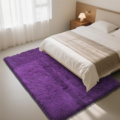 Purple Fluffy Rug Shaggy Area Rug, 3x5 Area Rugs for Girls Bedroom, Soft Cute Baby Play Mat, Indoor Floor Carpet for Teen, Nursery, Preppy Dorm, Plush Aesthetic Bedside Rug