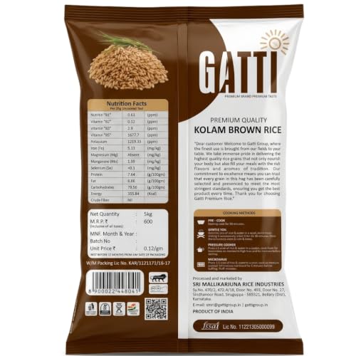Image of Gatti Fit Grain Premium Kolam Brown Rice - 5kg | Whole Grain Rice | High Fibre & Nutrient-Rich Rice | Premium Quality Brown Rice