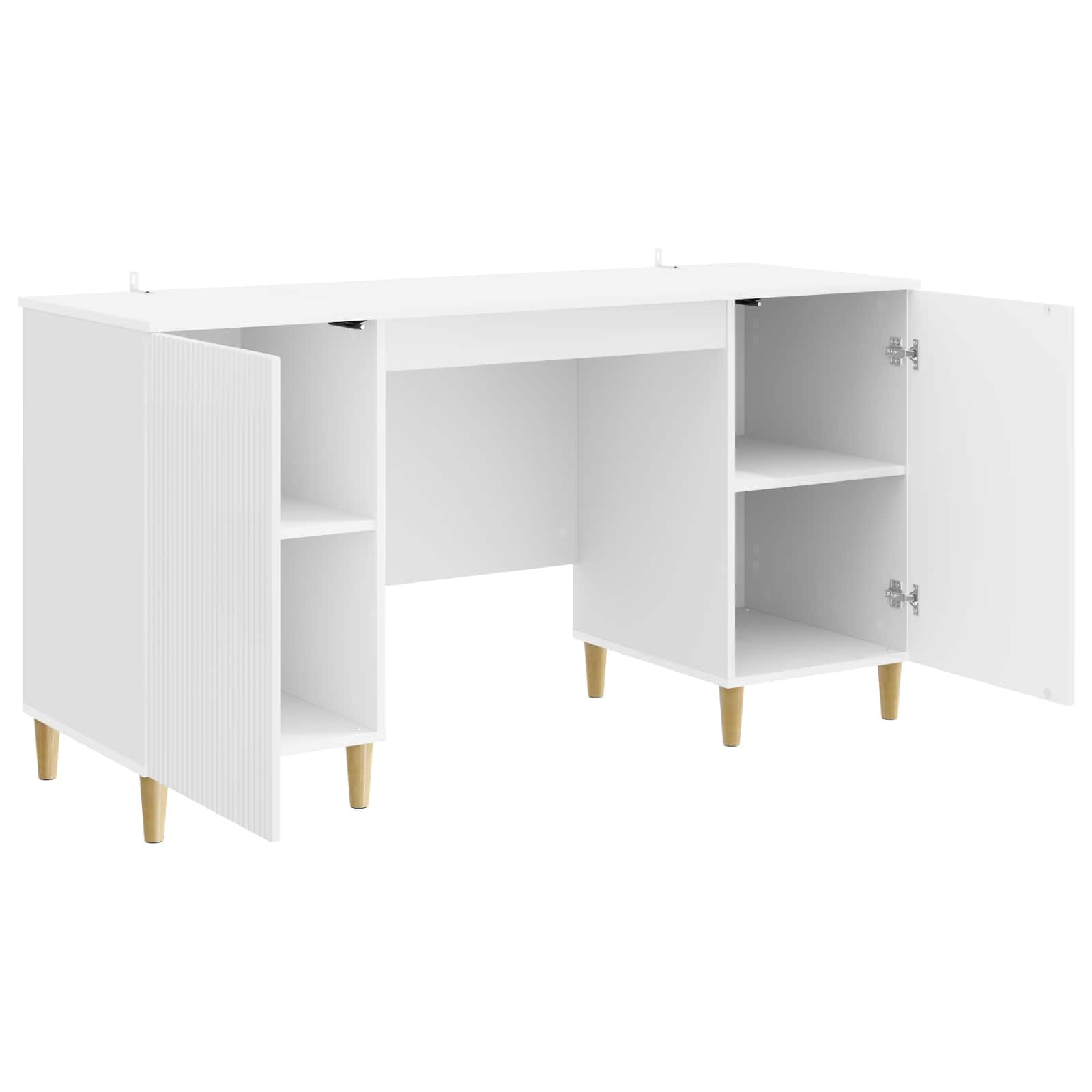 Scrivania bianca lucida, 142,5 x 50 x 75 cm, in legno con vano portaoggetti, scaffale, gestione dei cavi, ideale per casa, studio, camera dei ragazzi, laptop, monitor, stampante