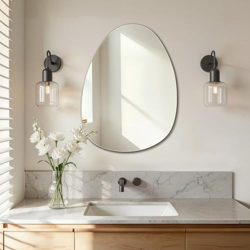 S'AFIELINA Miroir Design Rond Décoratif 45 x 60 cm en Verre HD Miroir Rond Asymétrique avec Quatre Trous de Fixation pour Salle de Bain, Chambre, Couloir,...