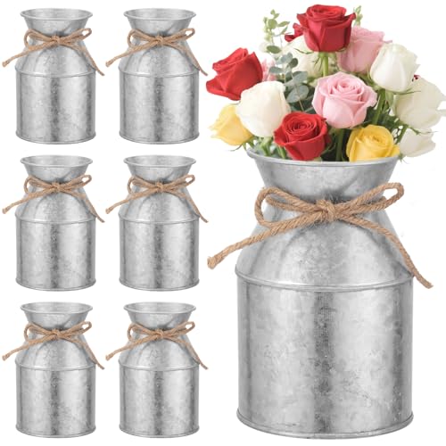 6 Pcs Farmhouse Metal Flower Vase Decor 5.3 Inch Galvanized Milk Can Jug Vase with Twine Bow Rustic Flower Buckets for Centerpieces Floral Display Table Home Wedding Festival DIY Decorations