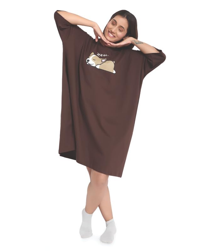 Image of LAMA STORE Women's Printed Oversized T-Shirt Dress, Cotton, 3 /4 Sleeve Length, Casual Loose Fit, Comfort Wear Extra Comfy Oversized Printed Pocket T-Shirt Dress