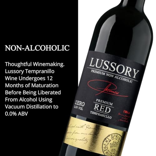 Image of Lussory Premium Tempranilllo Dealcoholized 0.0% Non Alcoholic Wine Red From Spain, Low Calories, Vegan (750ml, 2 Bottles)