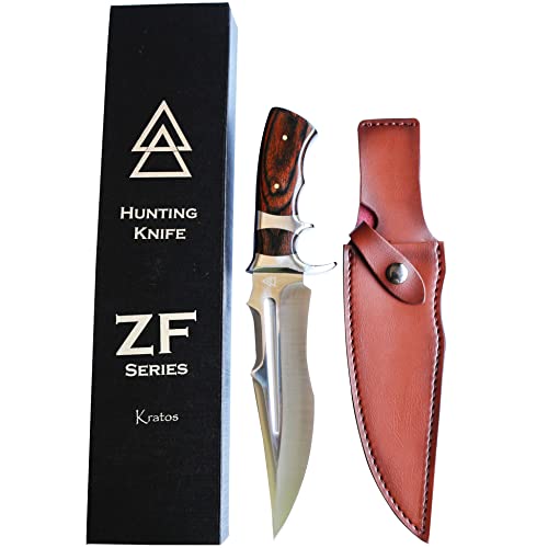 Kratos Zf11 Bowie Hunting Knife | Handmade | 12.2" Hardened High Carbon 440 Stainless Steel | 30-Degree Double Bevel Edge | Wood Handle | Leather Sheath | Outdoor Hunting, Bushcraft, Boning, & Camping #TOP4