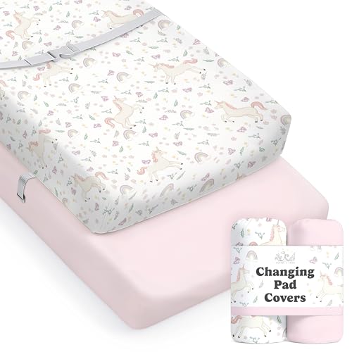 Image of Baby Changing Pad Cover 2-Pack for Boys, Girls (Unicorn Blossom) - Premium Fitted Sheets Baby Diaper Changing Table Cover - Buttery Soft Cotton Blend