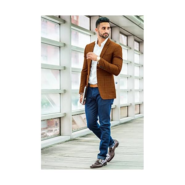 Elina fashion Men's Plaid Checked Cotton Blazer 2 Button Jacket Regular Long Sleeve Daily Fit Suit Business Lightweight Casual Sport Coat, Brown, XX-Large - Image 3