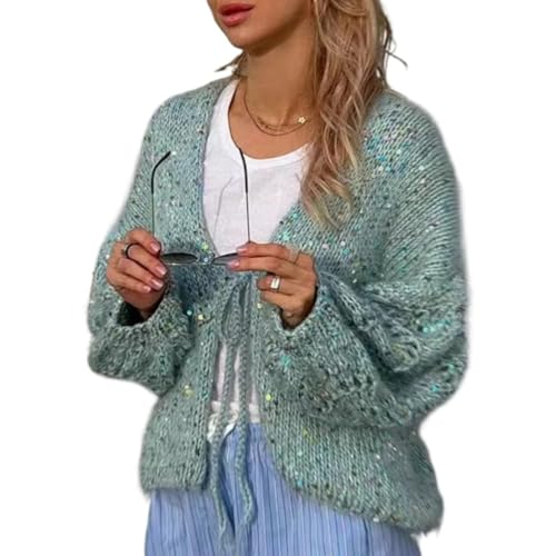 Women's Long Sleeve Cardigan Sweaters Open Front Sweaters Bow Tie Front Cardigan V Neck Fall Tops Glitter Sweater