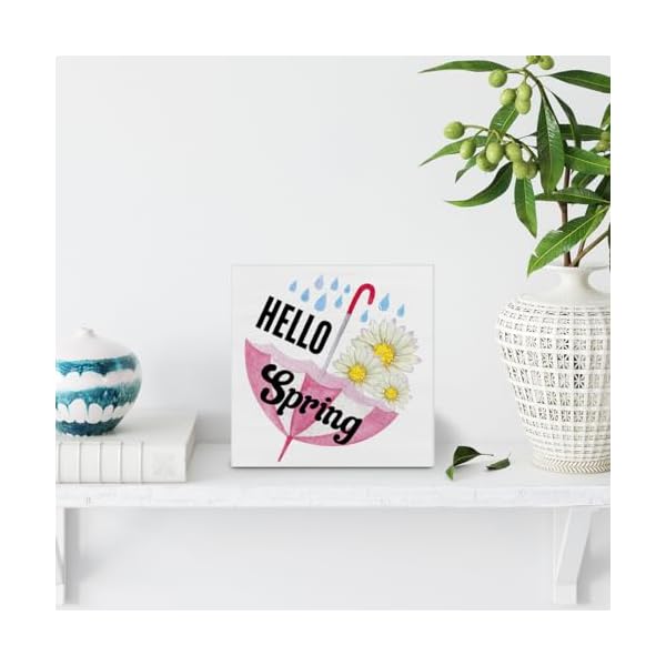 Spring decor spring decorations country hello spring daisy wood sign spring home decor indoor for desk shelf table 5 x 5 inches  urban country home decor