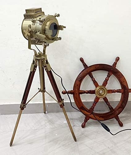 Nautical Replica Hub Historischmuseum Vintage Antiek Hollywood Theater Marine Zoeklicht Nautisch Houten Bruin Statief Handgemaakte Messing Vloerlamp Retro Spotlight - Woondecoratie LED Lampen photo 2