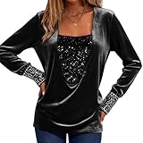 Black Women's Velvet Sequin Tops, Long Sleeve Sparkly Tshirt Square Neck Glitter Shirts & Blouse Plus Size Xmas Party Evening Club Ladies Top UK - Image 6