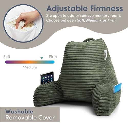 Image of Nestl Reading Pillow with Shredded Memory Foam, Luxe Cut Plush Back Pillow for Sitting Up in Bed, Back and Arms Adjustable Support for Adult & Teens, Backrest Pillows with Washable Cover Olive Green