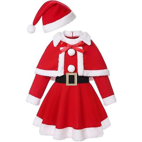 Generisch 2025 Disfraz de Papá Noel para niña, vestido rojo de manga larga con bufanda, sombrero, cinturón, disfraz de Navidad para niña, traje de fiesta de vacaciones, conjunto N (rojo 2-3 años)