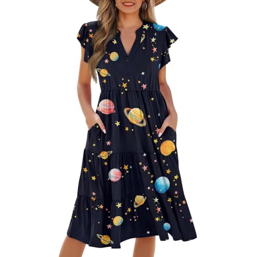 Image of Womens Summer Dress Ruffle Sleeve V Neck Dress Casual Fit Flowy Beach Vacation Sundress with Pocket S-2XL
