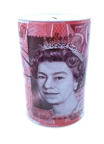 Money Box For Saving Cash & Coins Multi-Colour Design With Pound Notes Printed Tinplate Bank (£50 Extra Large).