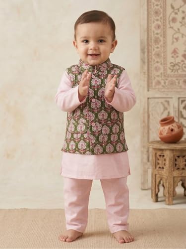 Image of Pspeaches Boys Cotton Full Sleeves Mandarin Collar Solid Kurta & Pyjamas With Dobby Jacket 3 Piece Set|Ethnic Wear For Cute Baby Boys|Traditional & Festive Outfit